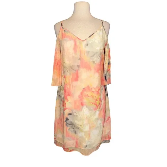 White House Black Market Floral Cold Shoulder Sleeve Dress Pink Yellow 4 H1 - Picture 3 of 10